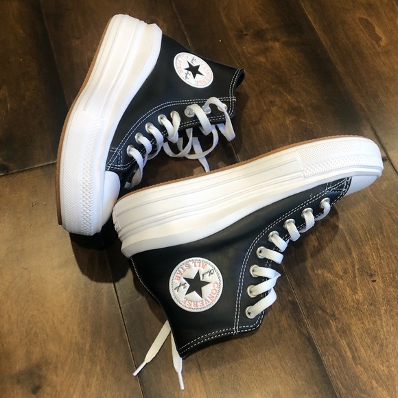 CONVERSE CHUCK TAYLOR MOVE PLATFORM HIGH TOP BLACK leather NEW - Picture 16 of 16